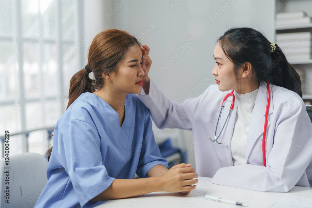 Doctor checking patient fever in hospital room or clinic Doctor checking patient fever in hospital room or clinic