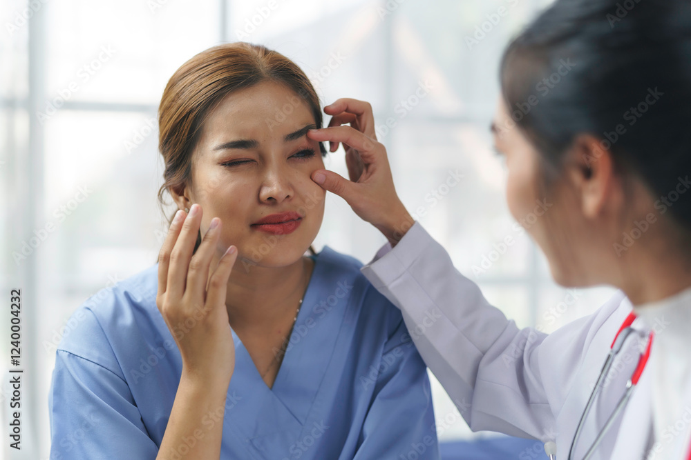 Doctor examining patient's face in medical clinic Doctor examining patient's face in medical clinic