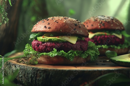 Plant-based burgers with beetroot patties, avocado, and lettuce served on a wooden platter.