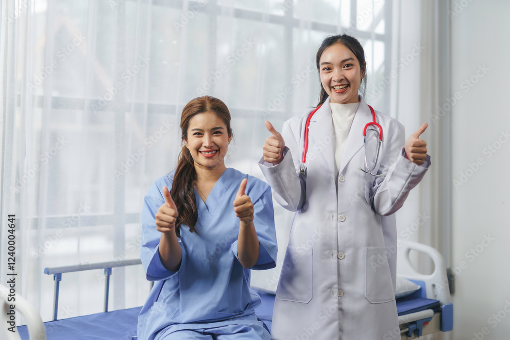 Doctor and nurse showing thumbs up in hospital room Doctor and nurse showing thumbs up in hospital room