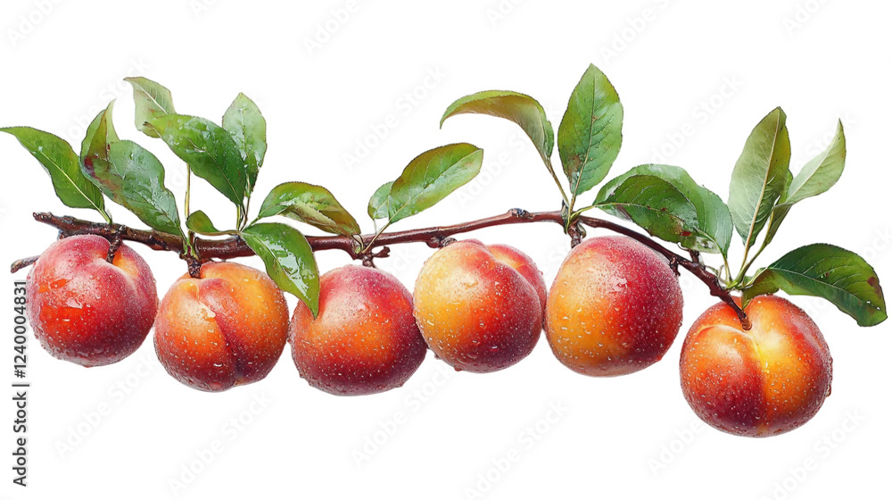 Obraz premium A branch of ripe peaches fresh isolated on white background. Suitable for marketing or business purposes. PNG file