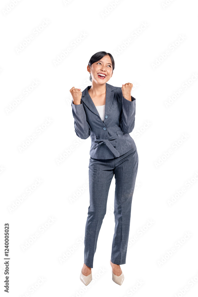 Portrait of an Asian businesswoman raising hands with an excited expression isolated over a white background. Concept of business, entrepreneur, and successful Portrait of an Asian businesswoman raising hands with an excited expression isolated over a white background. Concept of business, entrepreneur, and successful