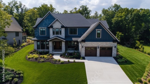 Luxury Blue Dream Home: Stunning Aerial View of a Modern Suburban House