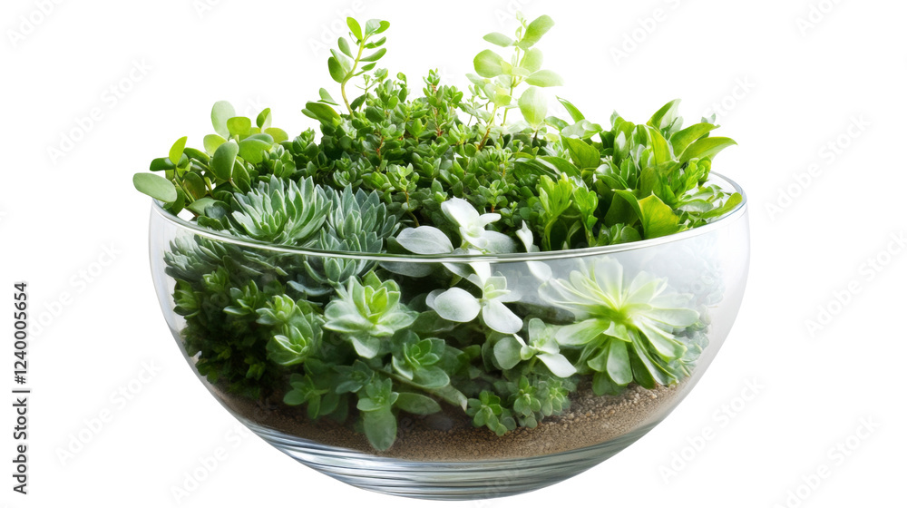 Glass bowl overflowing with lush green succulents on transparent background Glass bowl overflowing with lush green succulents on transparent background