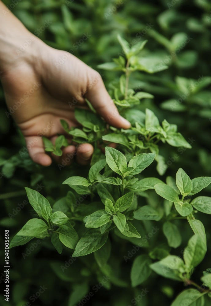 A hand gently touches vibrant green oregano leaves A hand gently touches vibrant green oregano leaves
