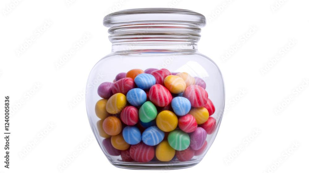 Glass jar brimming with vibrant rainbow candies on transparent background Glass jar brimming with vibrant rainbow candies on transparent background