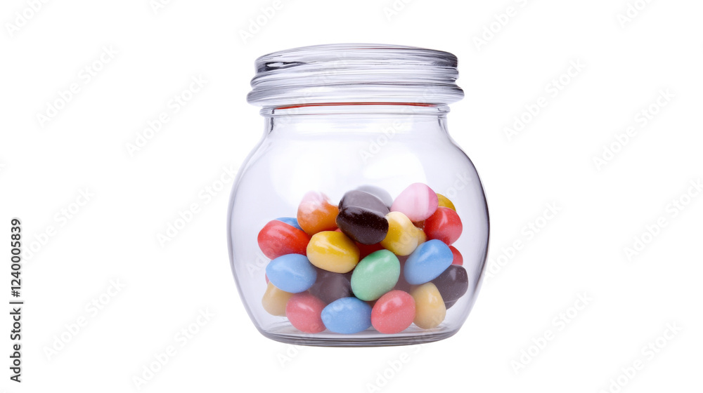Glass jar brimming with colorful candies on transparent background Glass jar brimming with colorful candies on transparent background