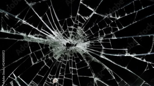 Cracked glass fracture effect on black background, Animation bullet through glass on background.
Abstract broken transparent glass texture. Cracked and Shattered black glass with slow motion. Alpha