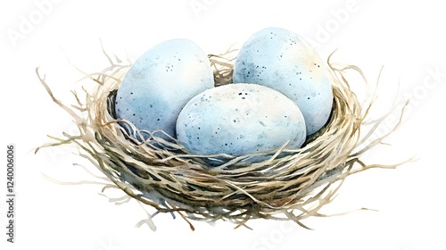 Three Pale Blue Eggs Resting In A Birds Nest