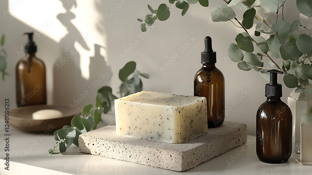 Naklejka premium A luxurious flat lay of organic beauty products, featuring handmade soap, eucalyptus branches, and skincare bottles on a soft white background, with blank space for marketing content