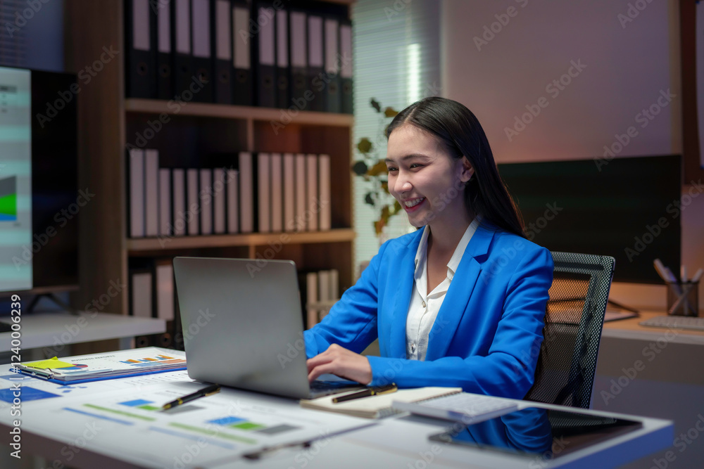 Asian businesswoman working with laptop and smiling in office at night Asian businesswoman working with laptop and smiling in office at night