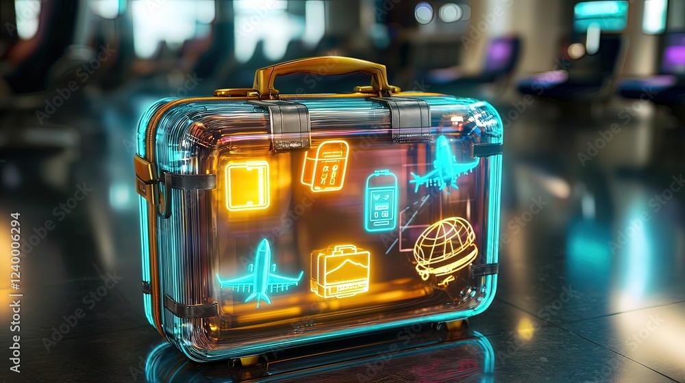 Transparent suitcase with glowing travel icons in airport terminal. Transparent suitcase with glowing travel icons in airport terminal.
