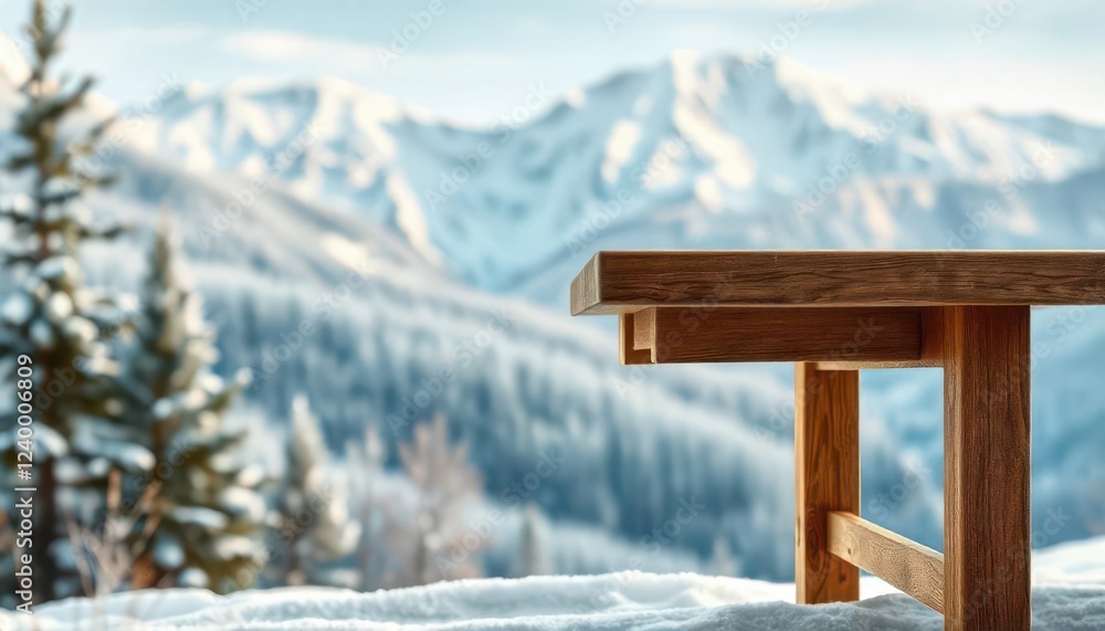Relaxing wooden table with snowy mountain view winter landscape nature photography serene environment outdoor perspective Relaxing wooden table with snowy mountain view winter landscape nature photography serene environment outdoor perspective