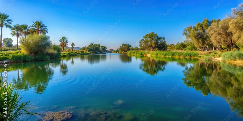 Serene lake surface with perfectly reflected blue sky and lush greenery surrounding in Beer Sheva Israel landscape, water Serene lake surface with perfectly reflected blue sky and lush greenery surrounding in Beer Sheva Israel landscape, water