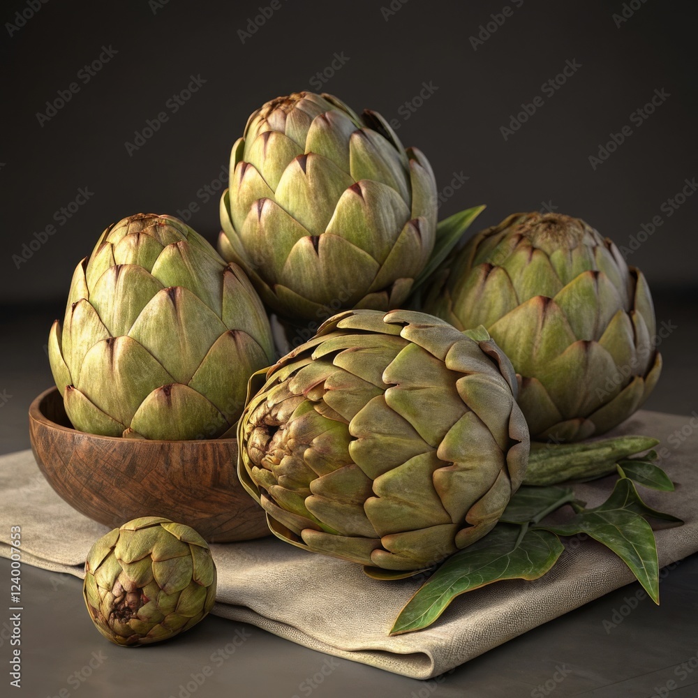 Obraz premium Still Life Artichoke Composition Wooden Bowl, Linen, Dark Background, 3D Render,Food Photography, Artichoke Still Life Artichokes, 3D render