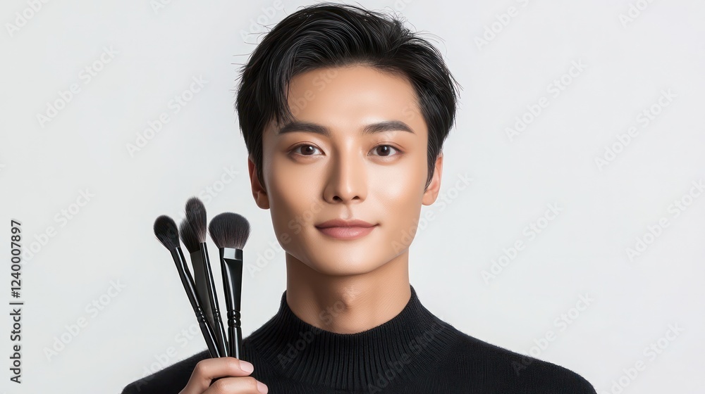 A male makeup artist of Asian appearance holds makeup brushes in his hand on a light background. Advertising banner for beauty salons. A male makeup artist of Asian appearance holds makeup brushes in his hand on a light background. Advertising banner for beauty salons.