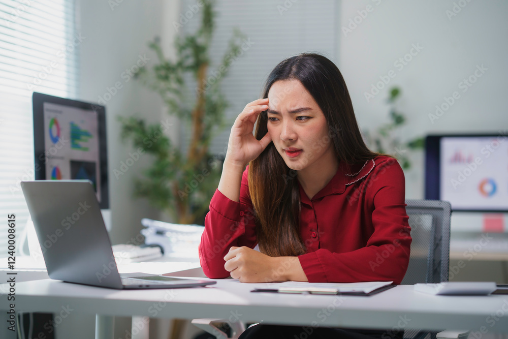 Stressed businesswoman having headache while working on laptop in office Stressed businesswoman having headache while working on laptop in office