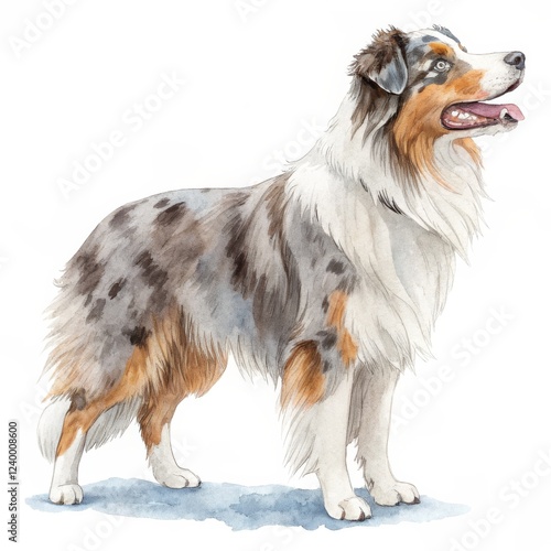 Watercolor Painting of an Australian Shepherd Blue Merle Dog Portrait, Pet Art, Canine Illustration Australian Shepherd, Watercolor Painting photo