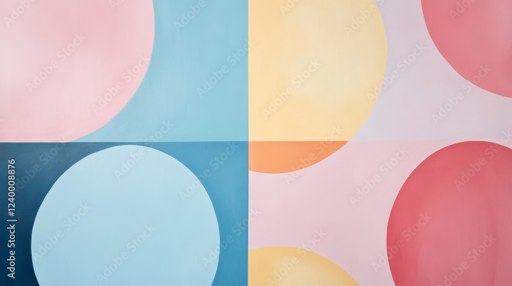 Minimalist geometric abstract with overlapping circles and squares in soft pastels