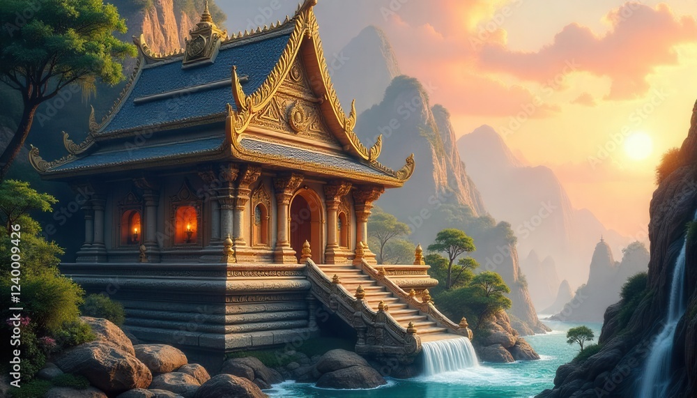 Fototapeta premium Majestic temple at sunrise mountain landscape digital art serene environment wide angle tranquility and harmony