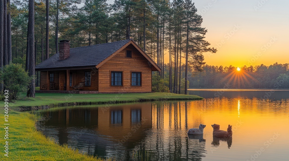 Fototapeta premium Lakeside cabin sunset serenity, peaceful retreat