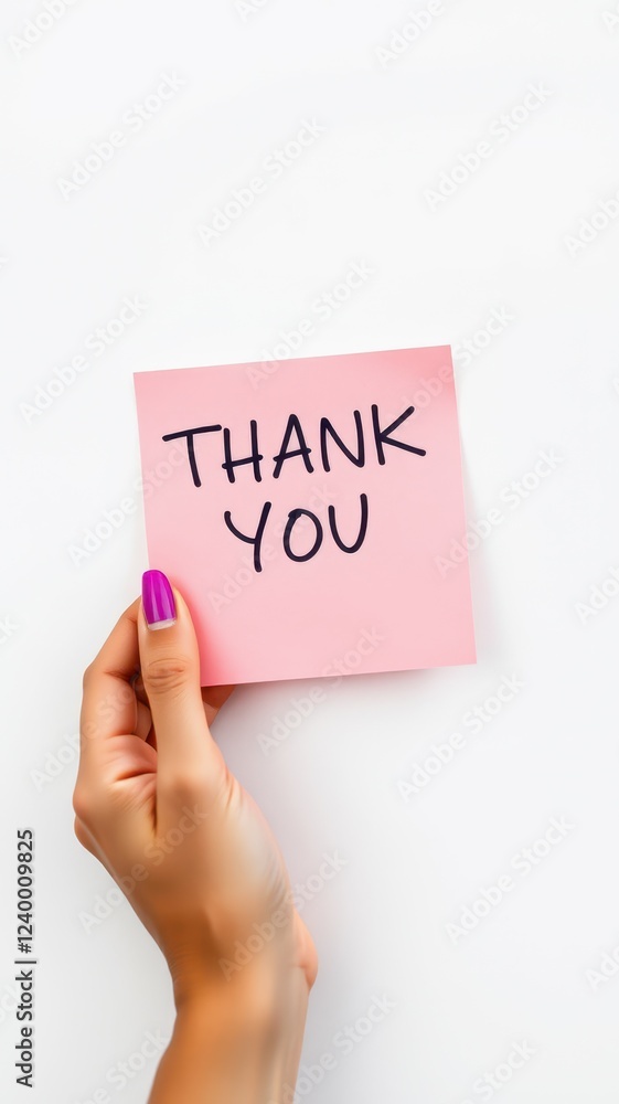 Hand holding pink sticky note with thank you message displayed against white background Hand holding pink sticky note with thank you message displayed against white background