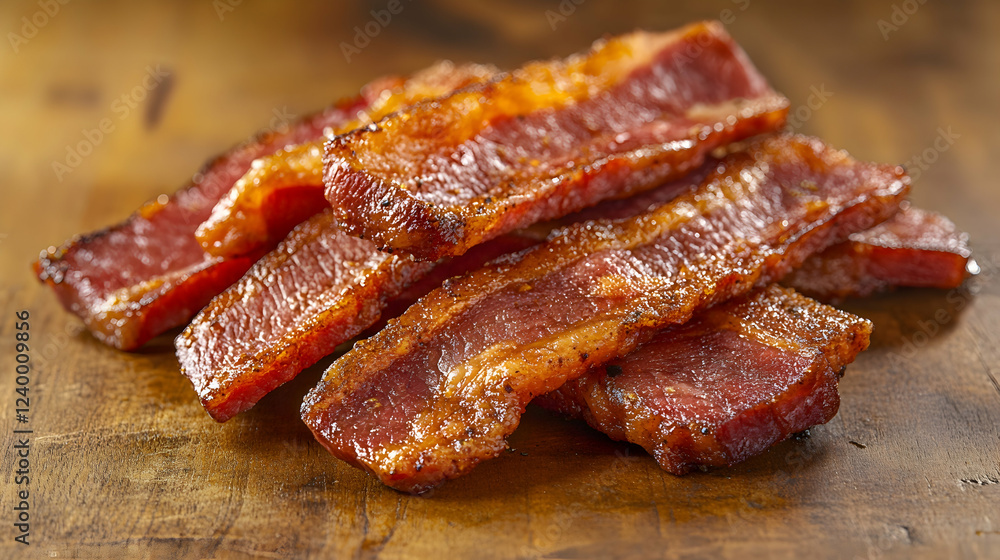 Delicious Cooked Bacon Strips on Wooden Surface for Food Photography Delicious Cooked Bacon Strips on Wooden Surface for Food Photography