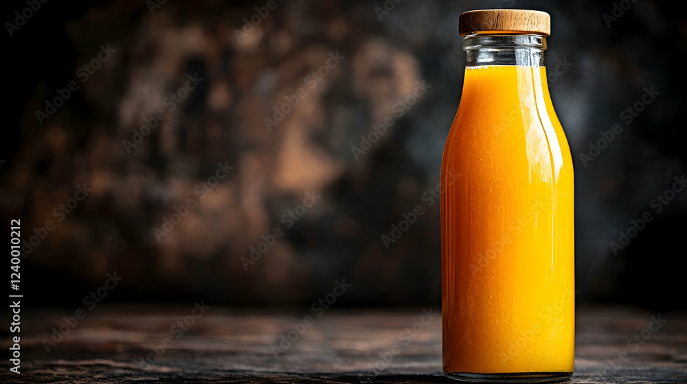 Freshly Squeezed Orange Juice in Glass Bottle on Rustic Background Freshly Squeezed Orange Juice in Glass Bottle on Rustic Background