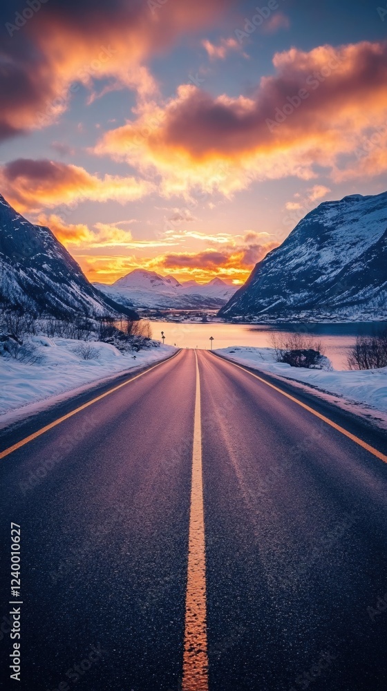 Fototapeta premium Scenic Road Through Snowy Mountains at Sunset with Vibrant Sky and Golden Reflecting Light