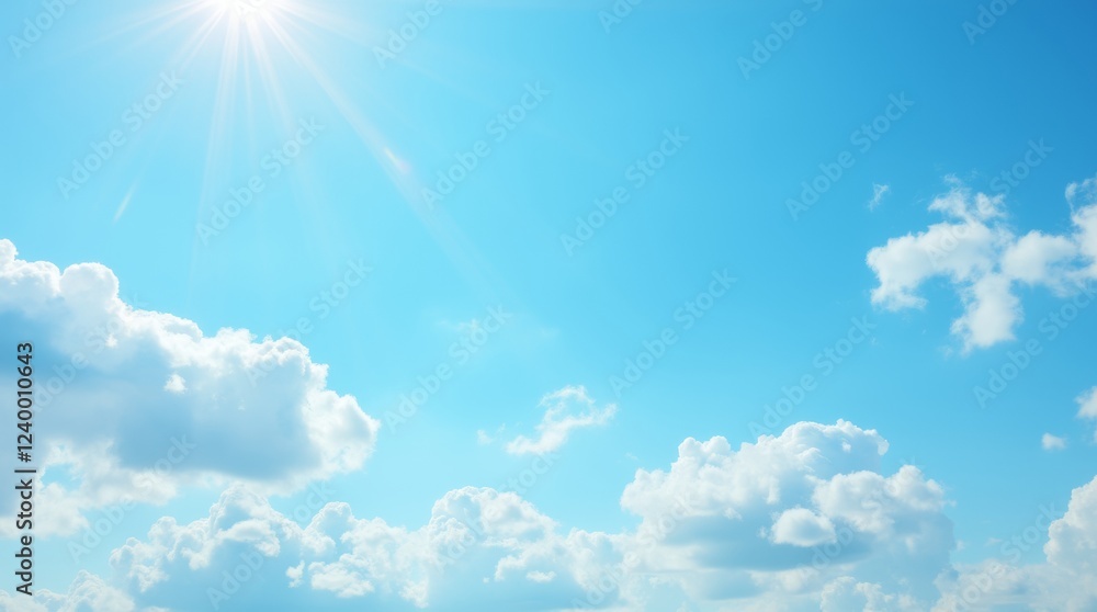 A bright blue sky filled with fluffy white clouds, illuminated by the warm sunlight A bright blue sky filled with fluffy white clouds, illuminated by the warm sunlight