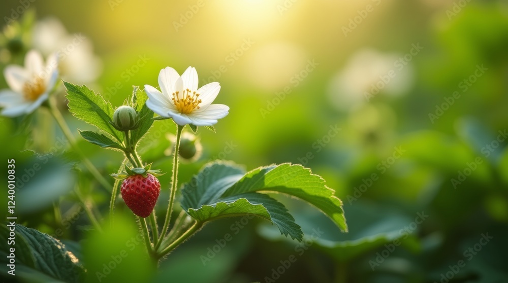 A close-up of a strawberry plant with white blossoms and lush green leaves, surrounded by soft sunlight filtering through the garden A close-up of a strawberry plant with white blossoms and lush green leaves, surrounded by soft sunlight filtering through the garden