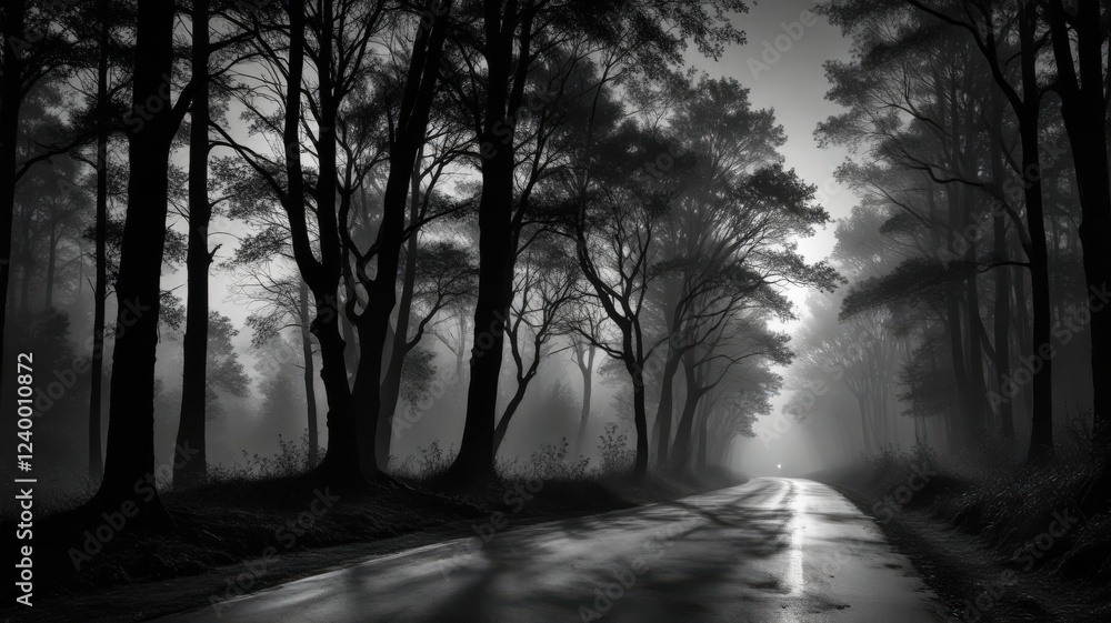 Fototapeta premium Misty Road Through a Dark Forest of Tall Trees on an Overcast Day