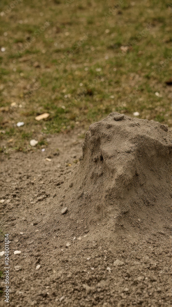 Small mound of dirt rises from the ground in a partially grassy area during daylight Small mound of dirt rises from the ground in a partially grassy area during daylight