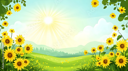 Bright Sunflowers in Vibrant Landscape with Sun and Clouds