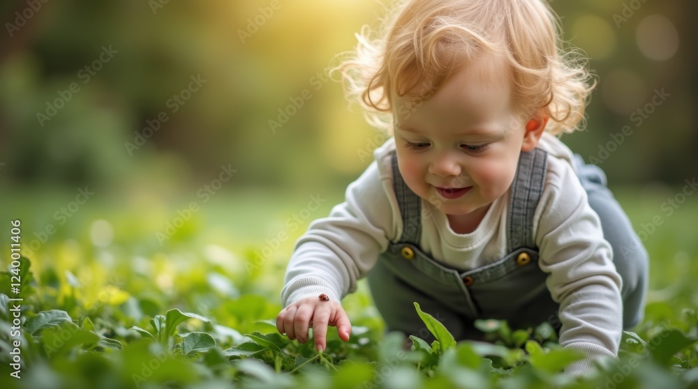 A delightful close-up of a toddler crouching in a garden, gently reaching out to a ladybug perched on a leaf A delightful close-up of a toddler crouching in a garden, gently reaching out to a ladybug perched on a leaf