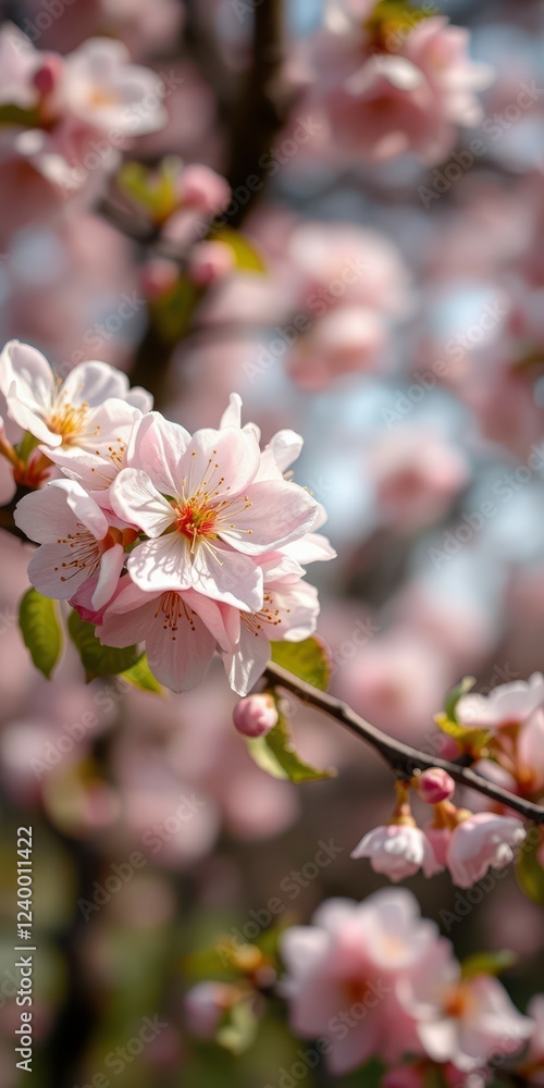 Blossoming cherry tree branches display delicate pink flowers amidst a soft background in spring Blossoming cherry tree branches display delicate pink flowers amidst a soft background in spring