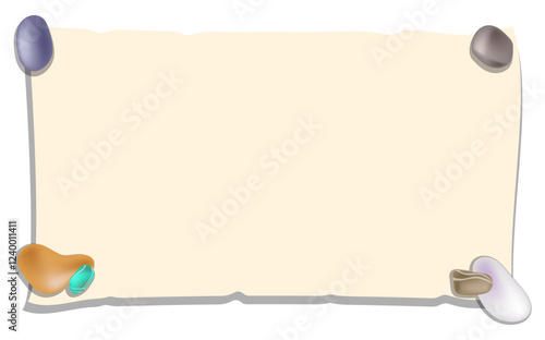 Clean, empty sheet of papyrus with sea pebbles pressed into corners. Papyrus paper rolled up. Medieval letters and pirate treasure maps. Vector