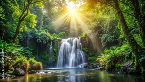 waterfall in dense jungle with sunlight filtering through the trees, serene nature scene, nature photography