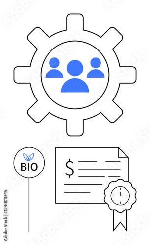 Gear with group icon, certified document, BIO label. Ideal for teamwork, certification, sustainability, organic products, business financial success efficiency. Clean abstract line flat metaphor