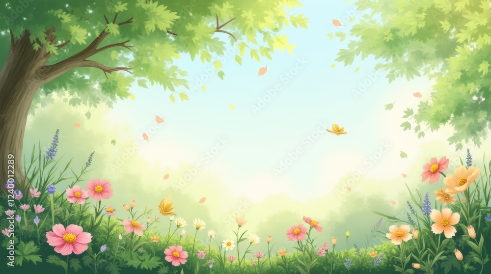 A whimsical illustration depicting a soft breeze gently rustling through lush green leaves and colorful flowers A whimsical illustration depicting a soft breeze gently rustling through lush green leaves and colorful flowers