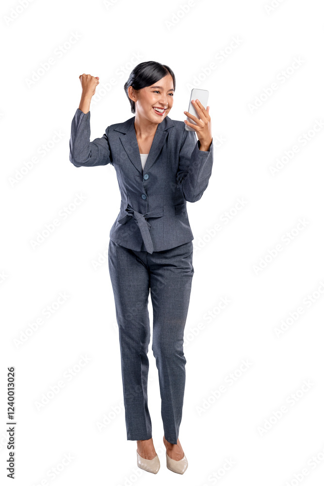 Portrait of an Asian businesswoman holding her mobile phone with an excited expression isolated over a white background. Concept of business and technology Portrait of an Asian businesswoman holding her mobile phone with an excited expression isolated over a white background. Concept of business and technology