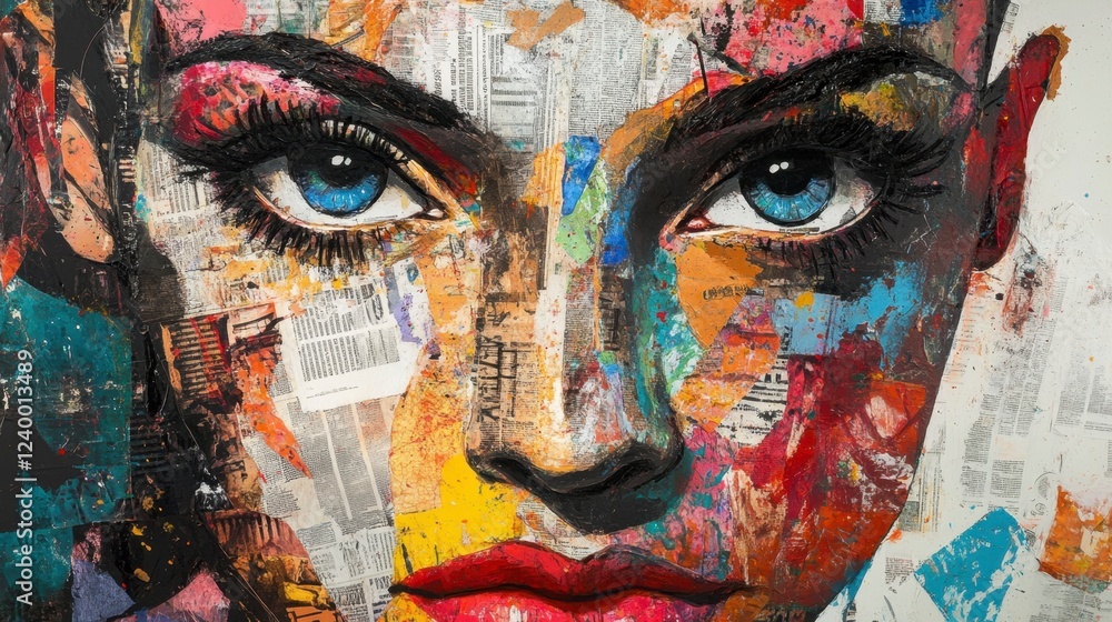 Mixed media abstract using bold newspaper clippings layered with vivid paint splashes Mixed media abstract using bold newspaper clippings layered with vivid paint splashes