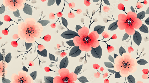 Elegant Floral Pattern with Soft Pink and Red Blooms on Light Background