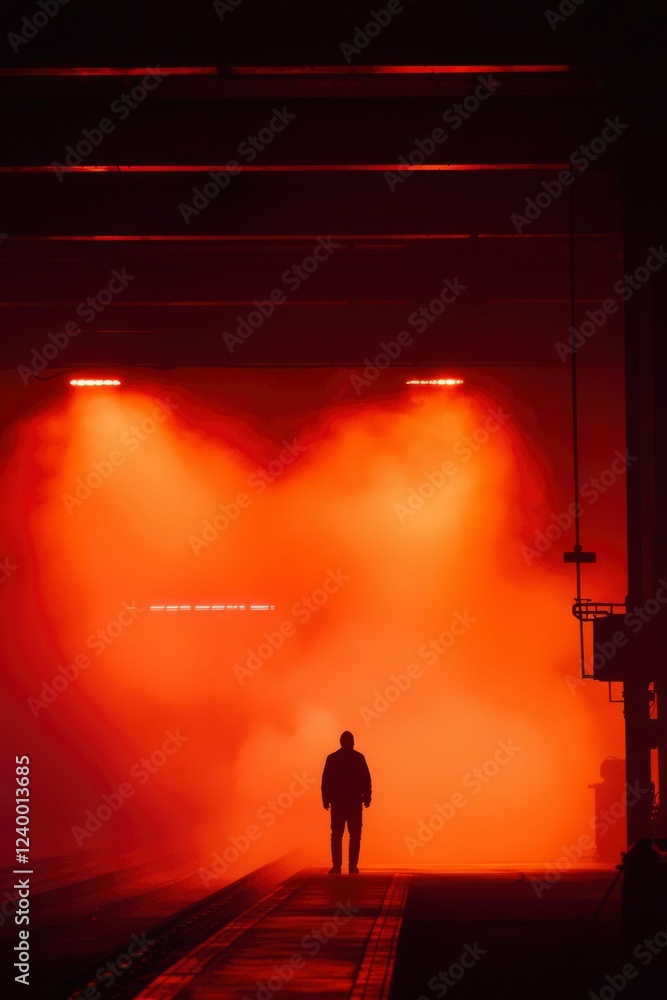 Fototapeta premium Silhouette Man Walking Through Red Lit Foggy Tunnel