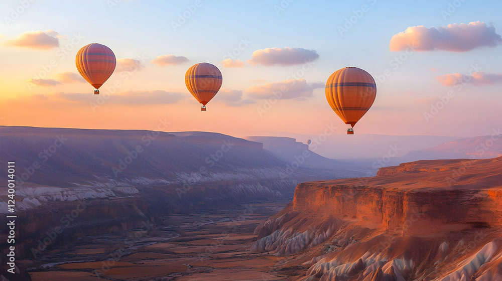 Colorful Hot Air Balloons Over Scenic Canyon at Sunset Colorful Hot Air Balloons Over Scenic Canyon at Sunset