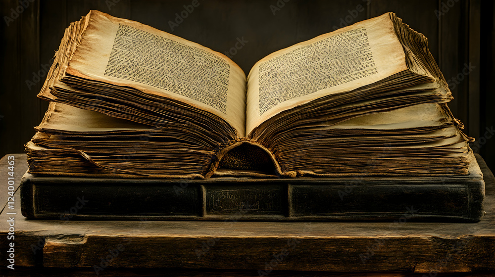 Obraz premium Antique Open Book on Wooden Table with Frayed Edges and Pages