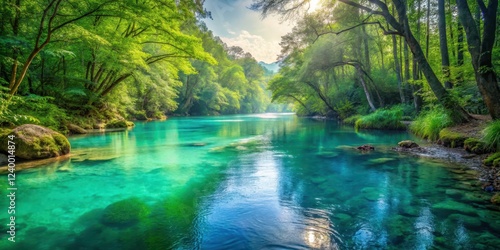 River flowing through a serene forest with a peaceful turquoise water