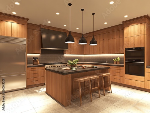 Modern Wood Kitchen Island with Stainless Steel Appliances photo