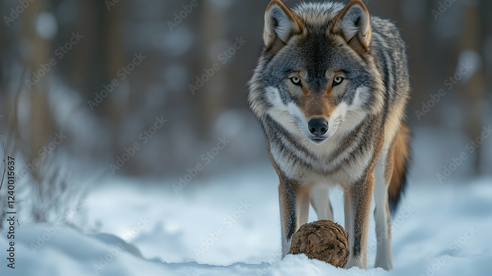 Fototapeta premium Wolf Standing in Snowy Forest with Winter Landscape Background