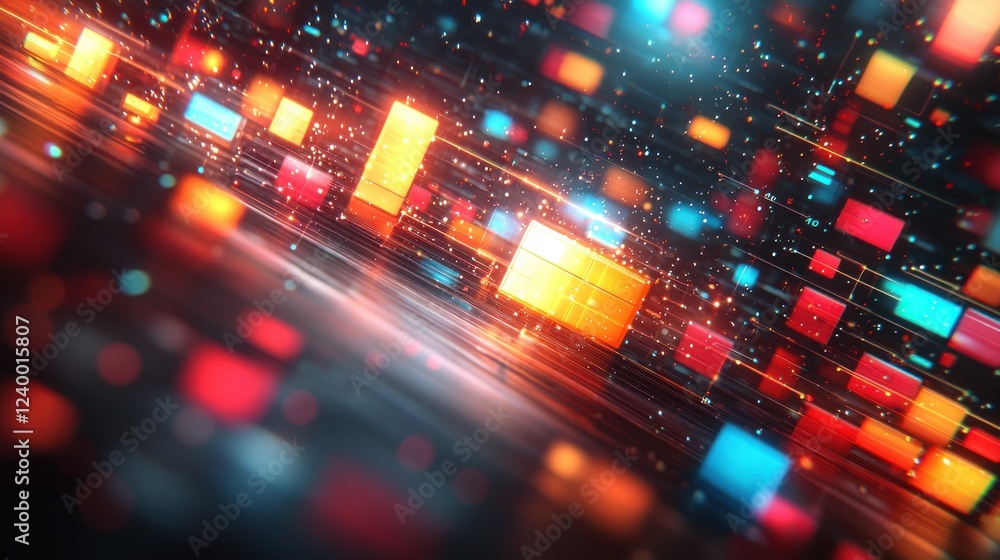 Abstract digital data stream, glowing cubes, dark background, futuristic technology Abstract digital data stream, glowing cubes, dark background, futuristic technology